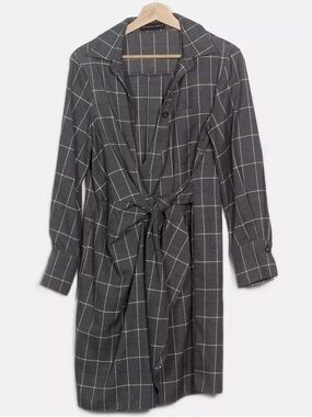 PURIFICATION GARCIA grey shirt dress with white windowpane pattern, belted